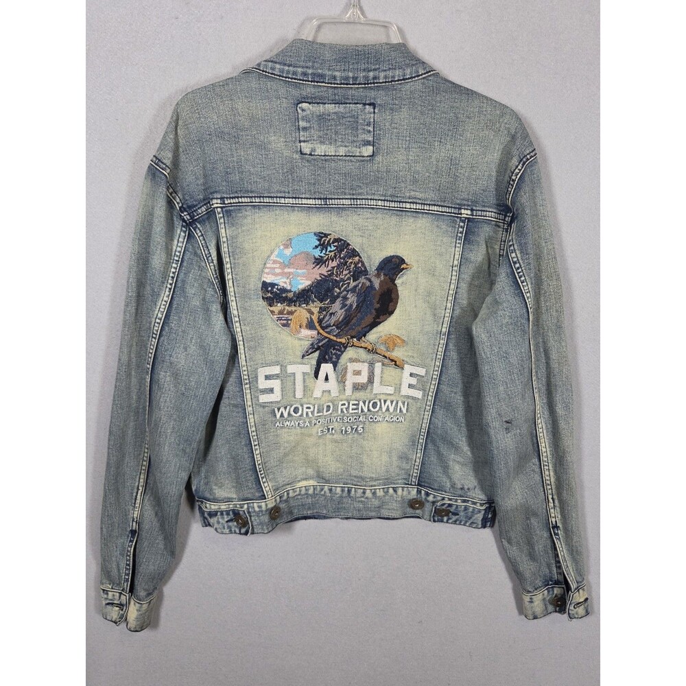 Staple World Renown Denim Jacket Mens S Blue Patches Embroidered Pigeon
